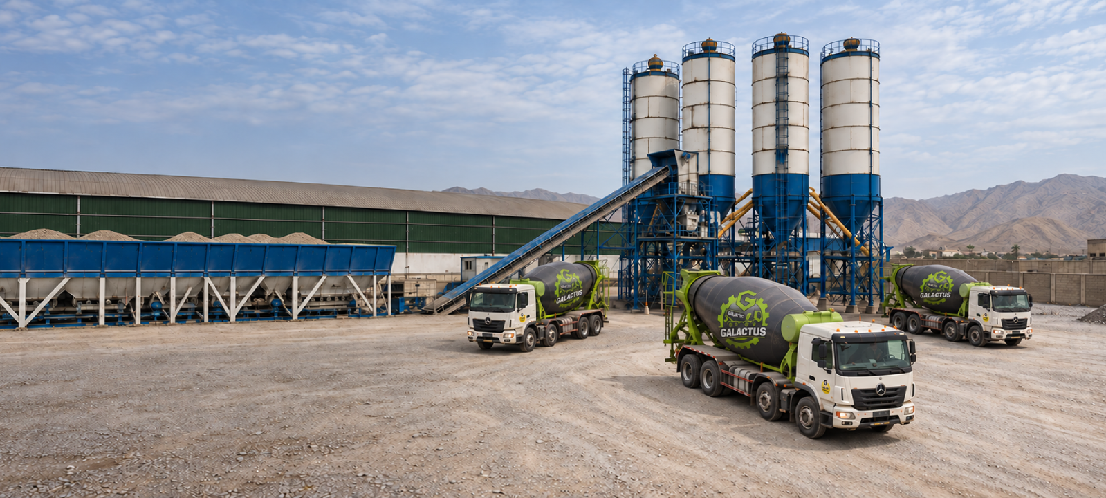 Planta de concreto Galactus con silos y mixers en el patio